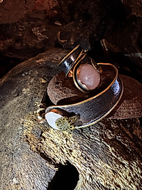 Kupfer Rosenquarz Schmuckset – Ring & Armband mit Kunstleder | handgefertigt