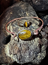 Tigerauge Schmuckset – Armreif mit Schnalle & verstellbarer Ring | Kupfer & Messing